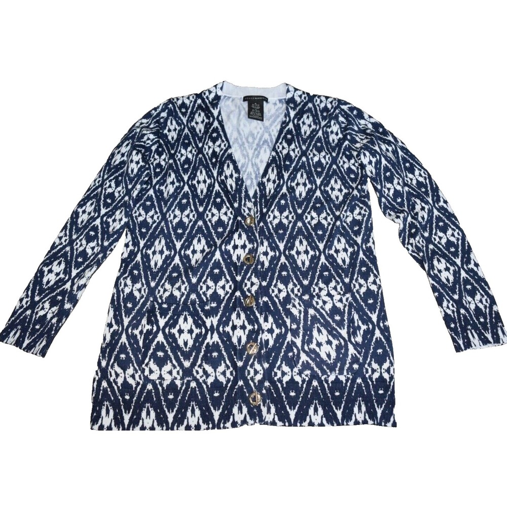 Grace Elements Blue White Diamond Cardigan Sweater Size M Office Casual